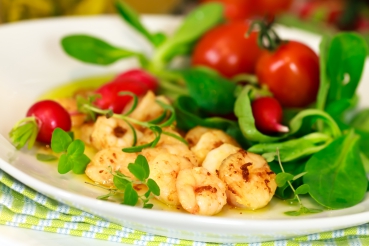 Ingwergarnelen auf Feldsalat mit Melonen und Koriander