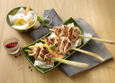 Putensaté-Spieße auf Rettich-Papaya-Salat