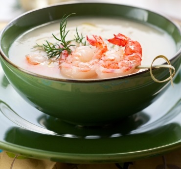 Krabben-Lauch-Creme-Suppe mit Strohkartoffeln