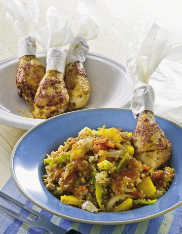 Djuvec-Dinkel-Reis mit Hähnchenkeulen