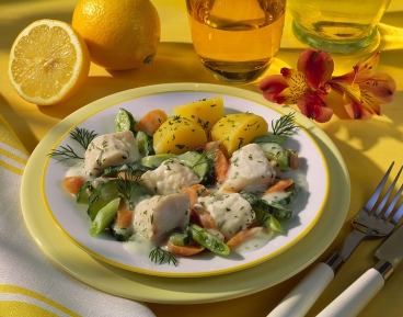 Fischragout mit Dill und Petersilienkartoffeln