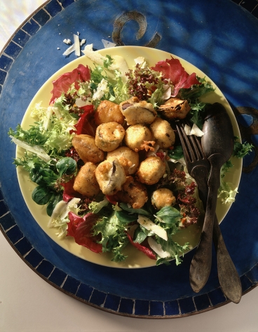 Gemüse-Parmesan-Würfel auf Salatbett