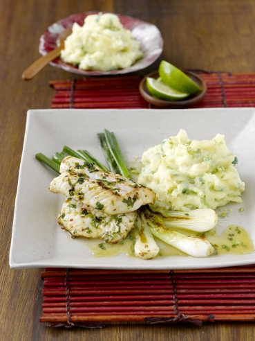 Ingwer-Knoblauch-Püree zu gebratenem Rotbarschfilet