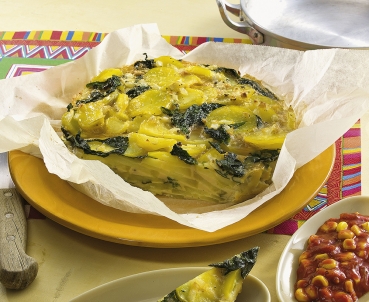 Kartoffel-Spinat-Tortilla mit Chili-Mais-Dip