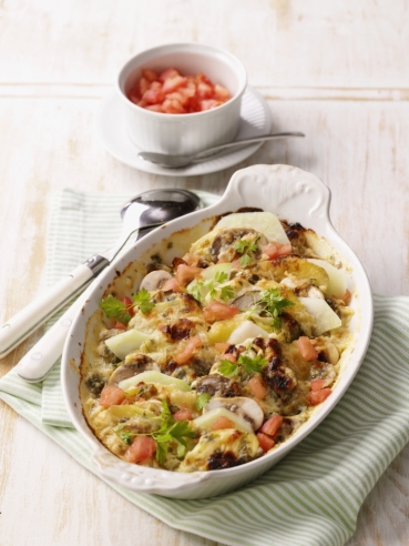 Kohlrabi-Kartoffelgratin mit Champignons