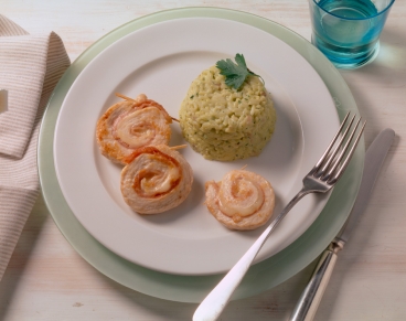 Kräuter-Pilz-Reis mit Geflügelröllchen