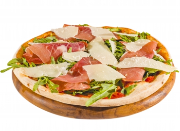 Pizza mit Rucola, Schinken und Parmesan