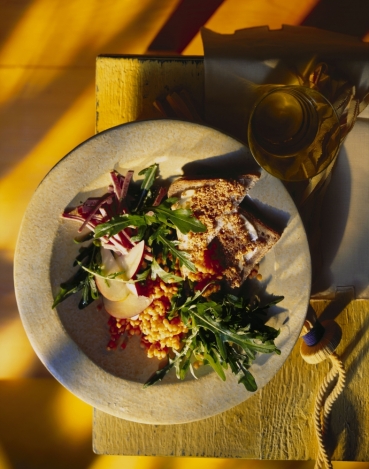 Raukesalat mit roten Linsen
