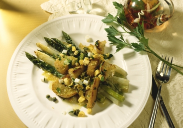 Italienischer Brotsalat mit weißem und grünem Spargel