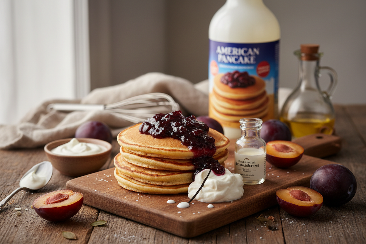American Pancakes mit Pflaumenmus und Schmandcreme