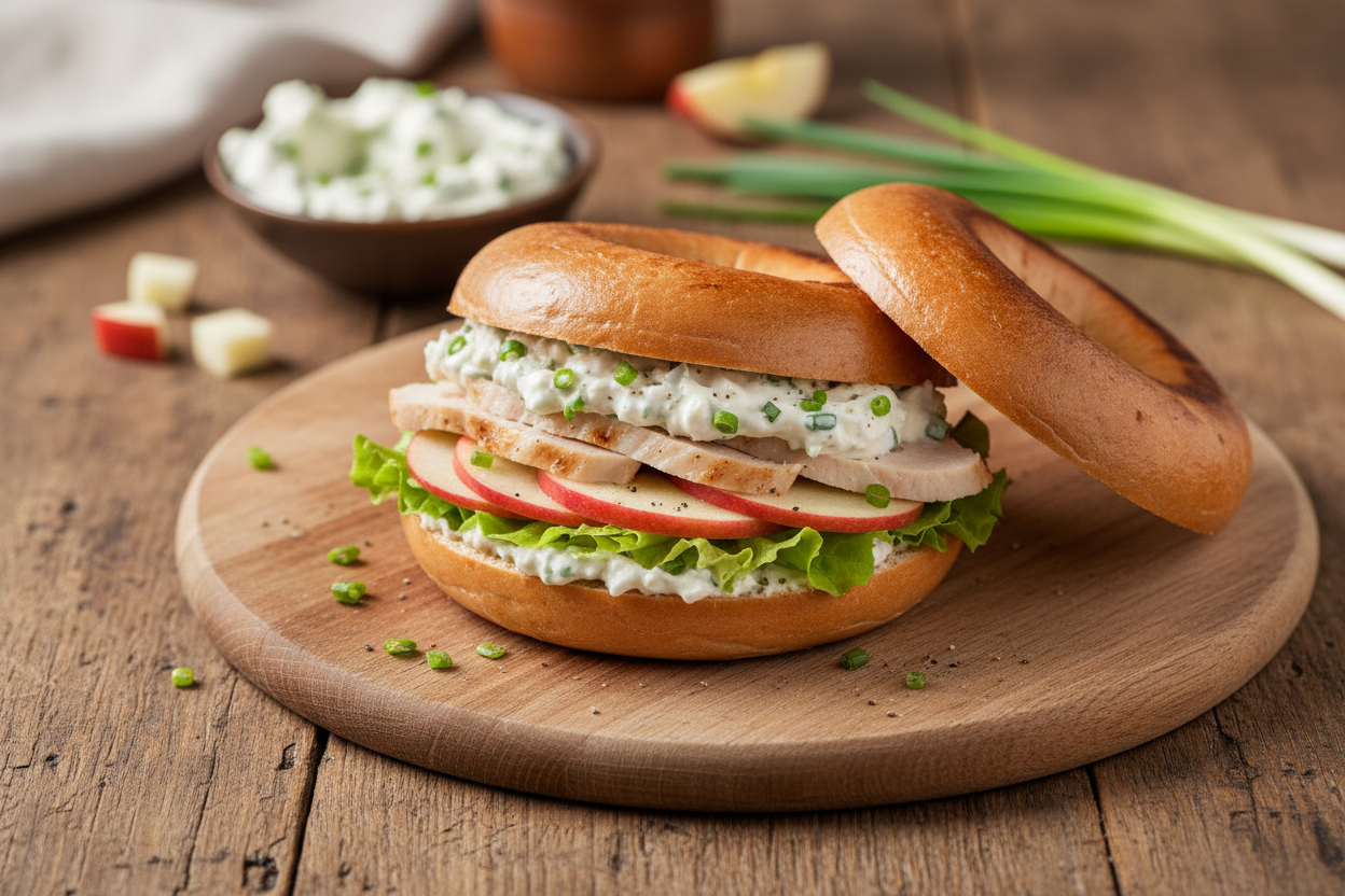 Bagel mit Meerrettichcreme, Apfel und Hähnchenbrust