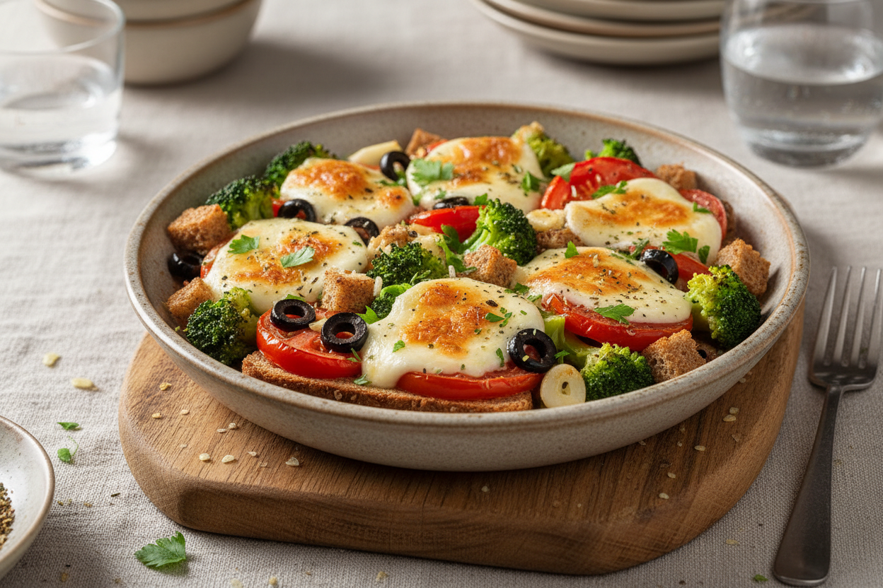 Brokkoli mit Tomaten, Oliven und Mozzarella überbacken