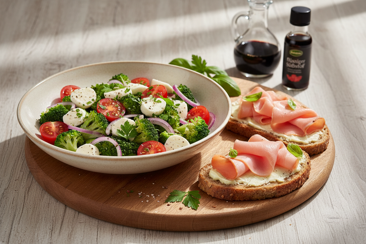 Brokkoli-Tomaten-Salat mit Schinkenbrot