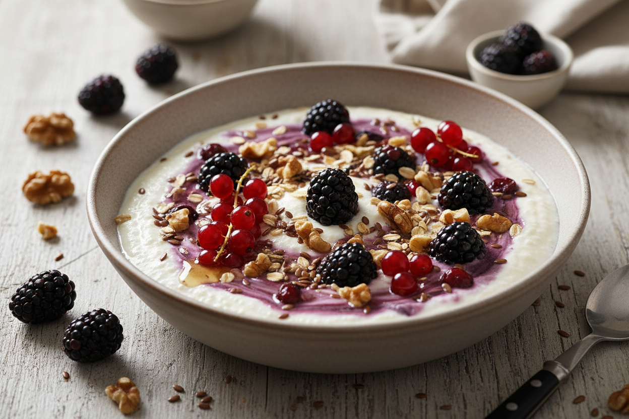 Brombeer-Quark mit Haferflocken und Walnüssen