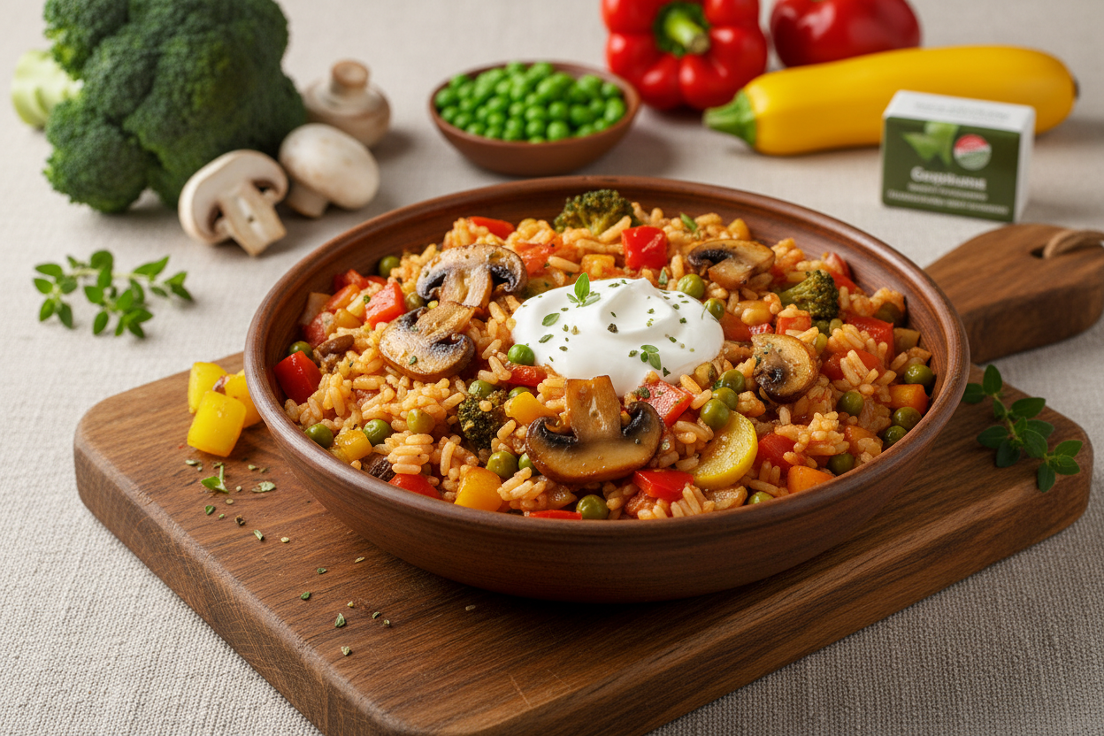 Bunte Gemüsereispfanne mit Tomatensoße