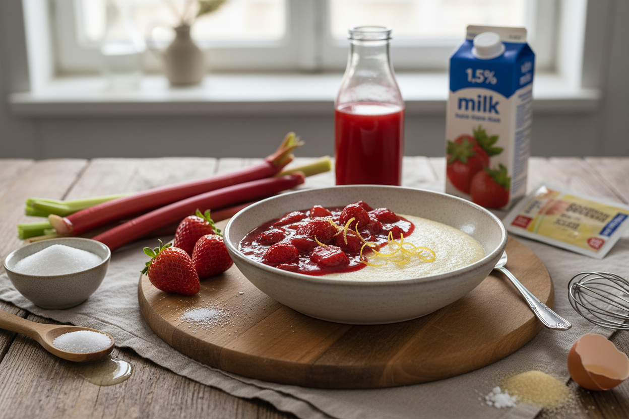 Erdbeer-Rhabarber-Grütze mit Grießpudding