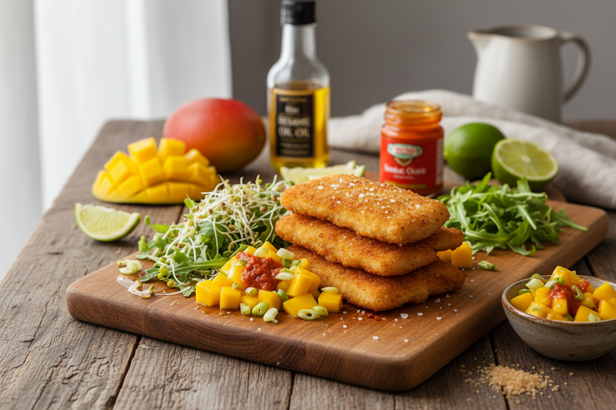 Fisch mit Sprossen-Rucola-Salat mit Mangosalsa