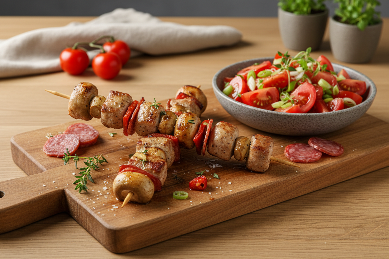 Fleischspieße mit Tomatensalat