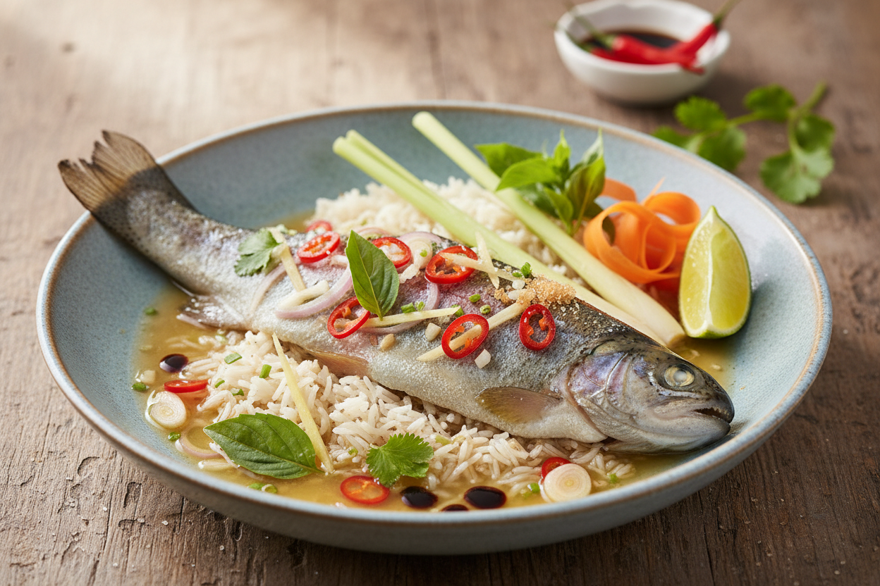 Forelle, pochiert mit asiatischen Aromen