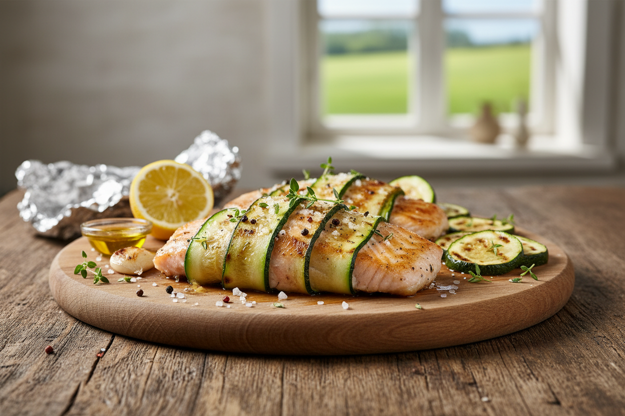 Gegrilltes Seelachsfilet im Zucchinimantel