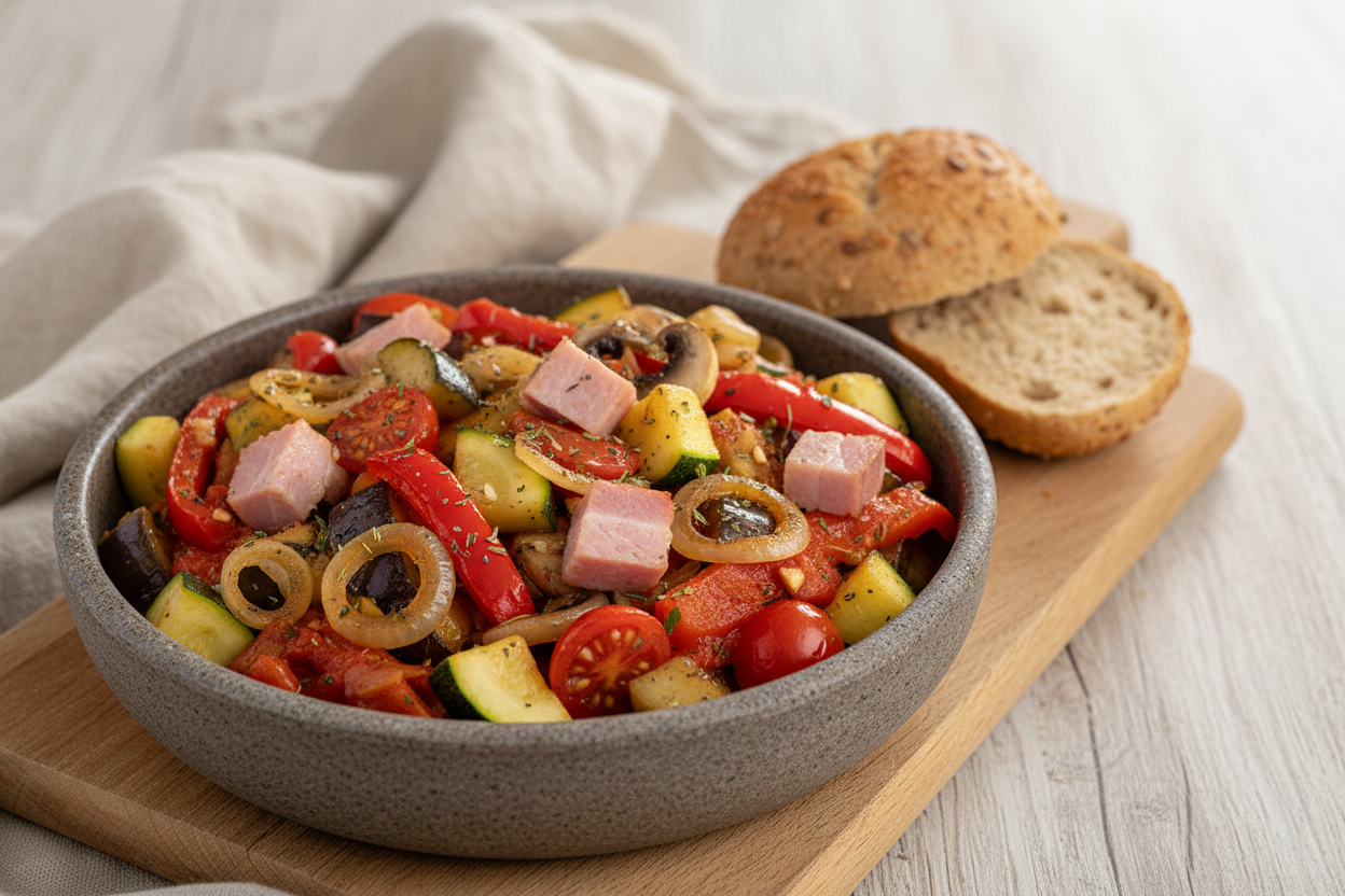 Gemüsepfanne mit Schinken und Tomaten
