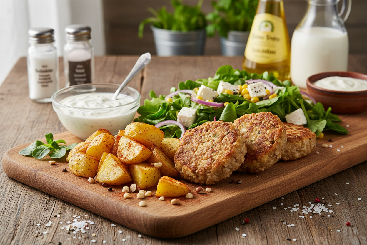 Gerstenplätzchen mit Kartoffeln und Blattsalat