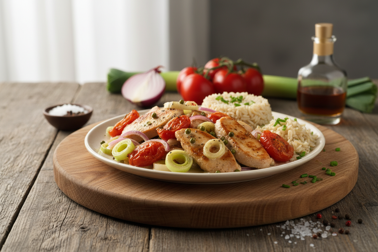 Geschnetzelte Pute mit Lauch und Tomate