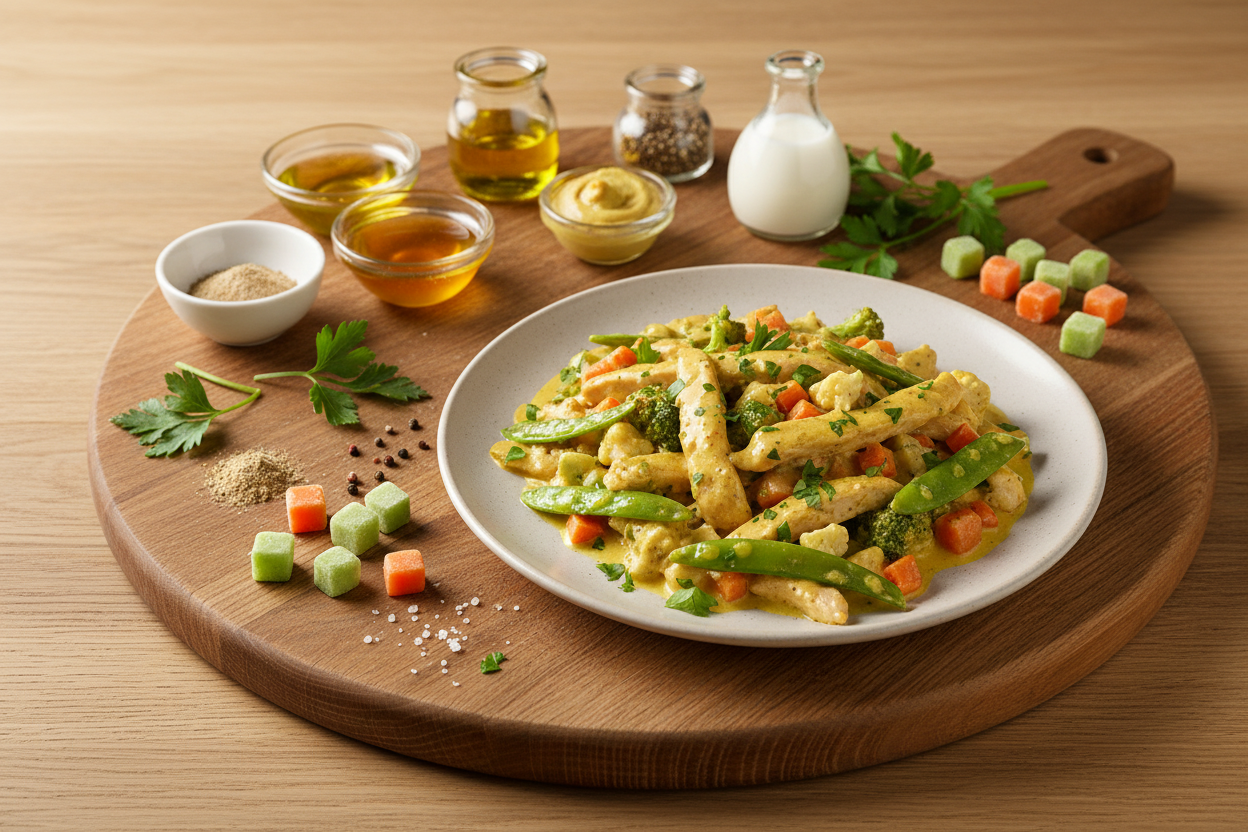 Geschnetzeltes in Gemüse-Senf-Sauce