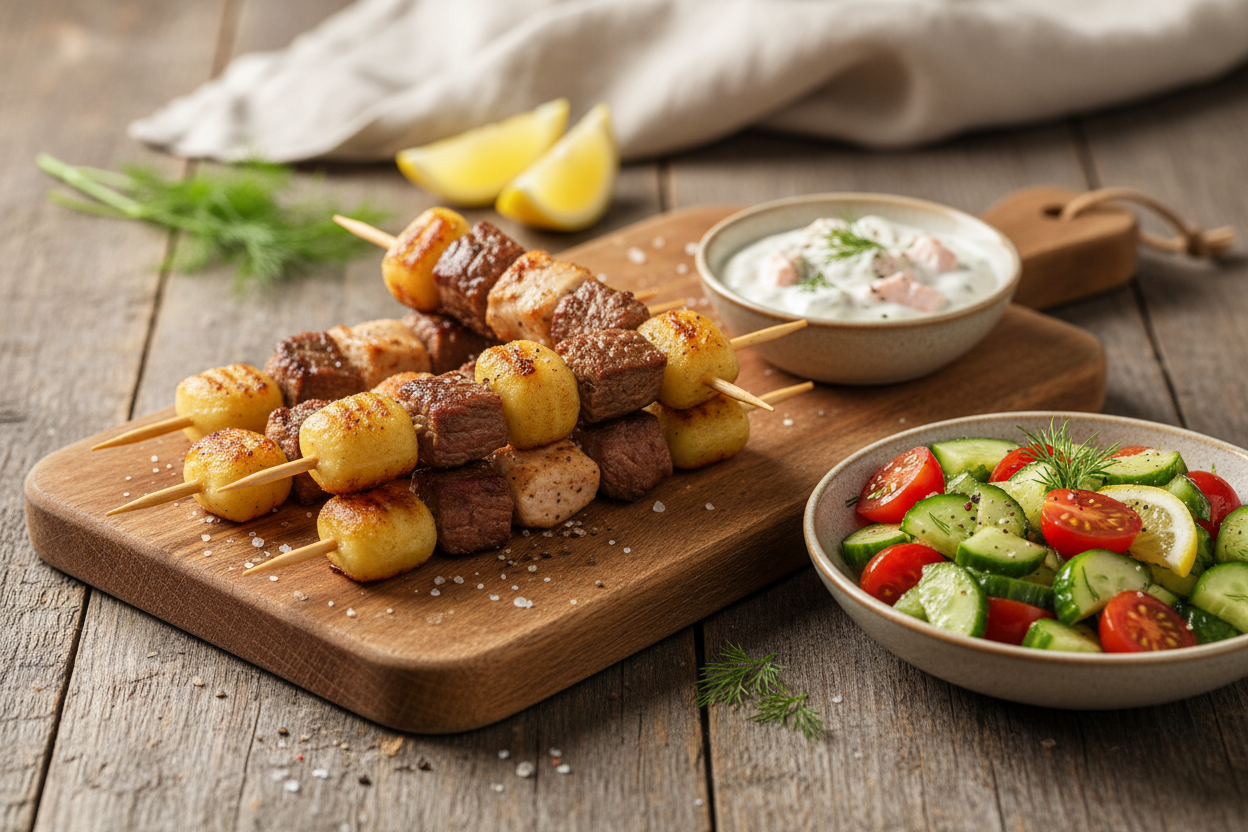 Gnocchi-Rindfleisch-Spieße mit Lachs-Joghurt-Dip und Gurken-Tomaten-Salat