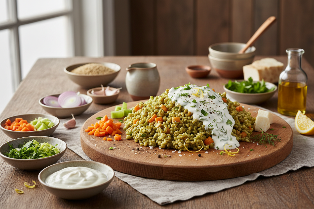 Grünkernrisotto mit Joghurt-Kräuter-Sauce