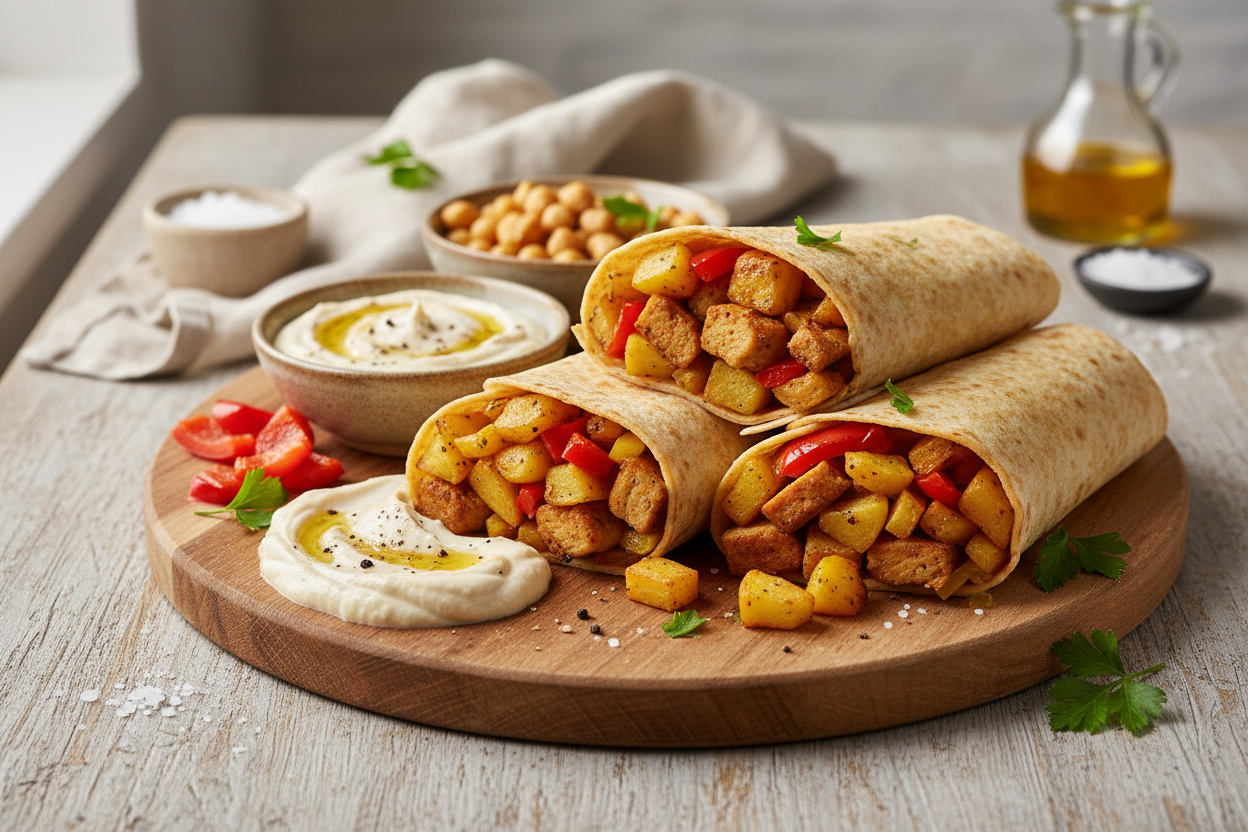 Hähnchen-Ersatz-Wraps mit Kartoffel-Paprika-Füllung und Joghurt-Hummus-Creme