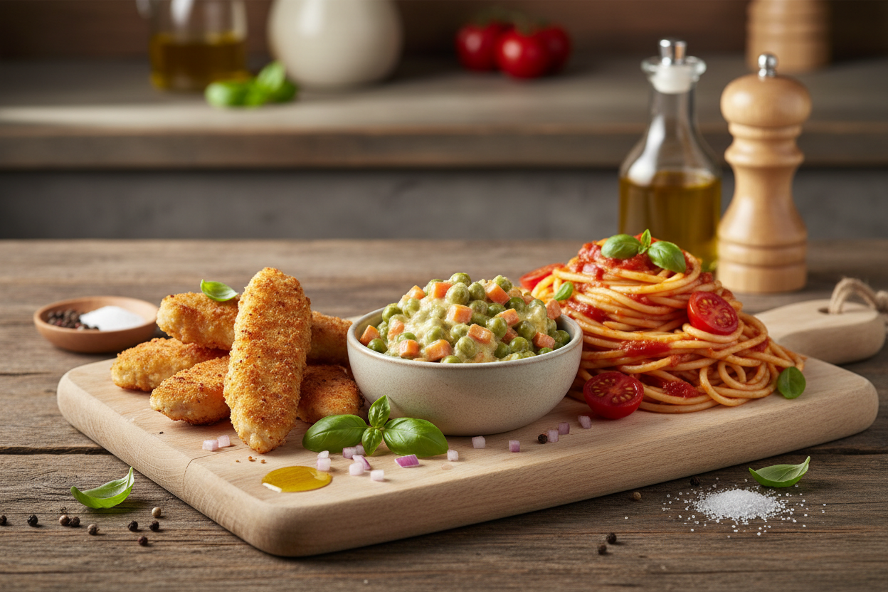 Hähnchen-Sticks mit Rahm-Gemüse
