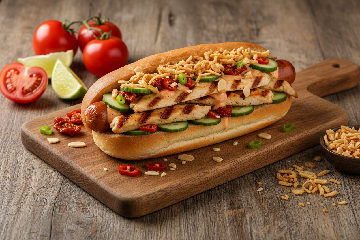 Hot Dog mit gegrillten Hähnchenbruststreifen