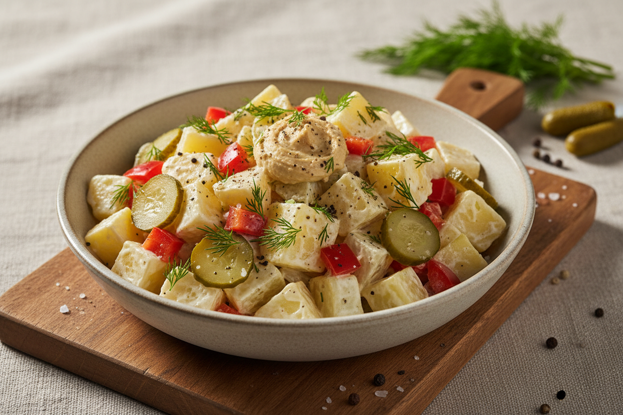 Joghurt-Kartoffel-Salat mit Gewürzgurken und Paprika