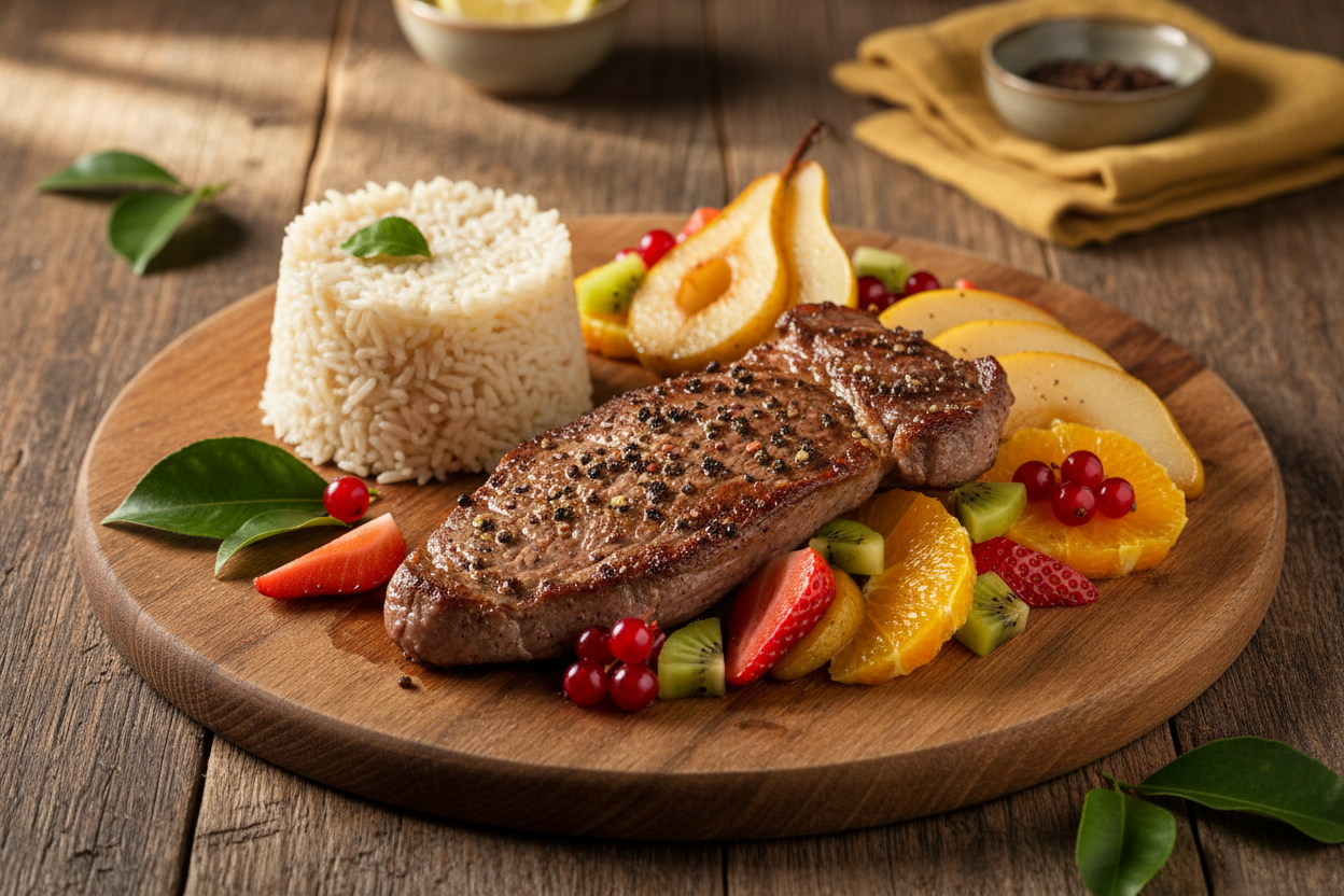 Kalbsteak mit Birnen- und Orangenfilets