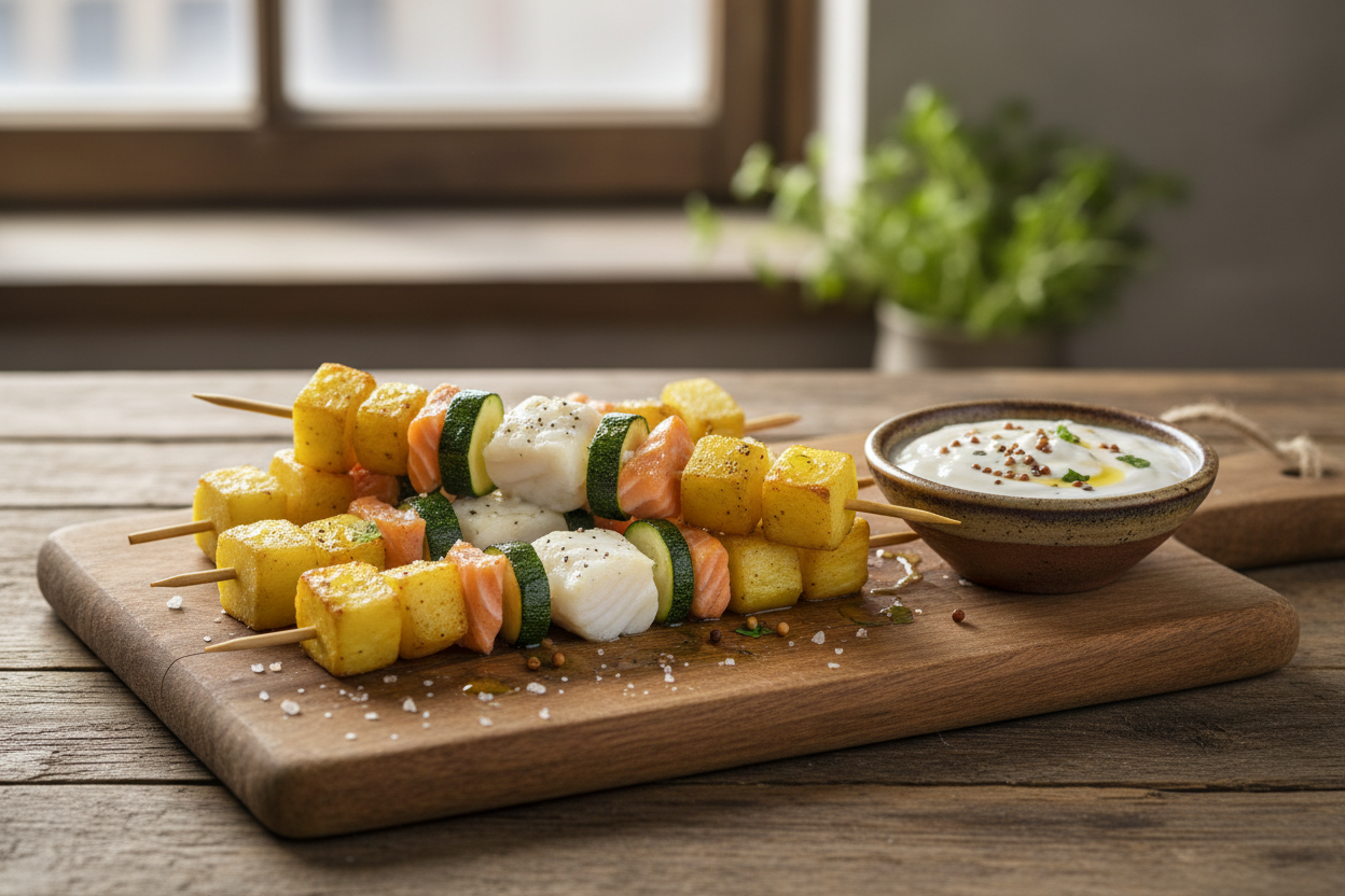 Kartoffel-Fisch-Spieße mit Joghurt-Sauce
