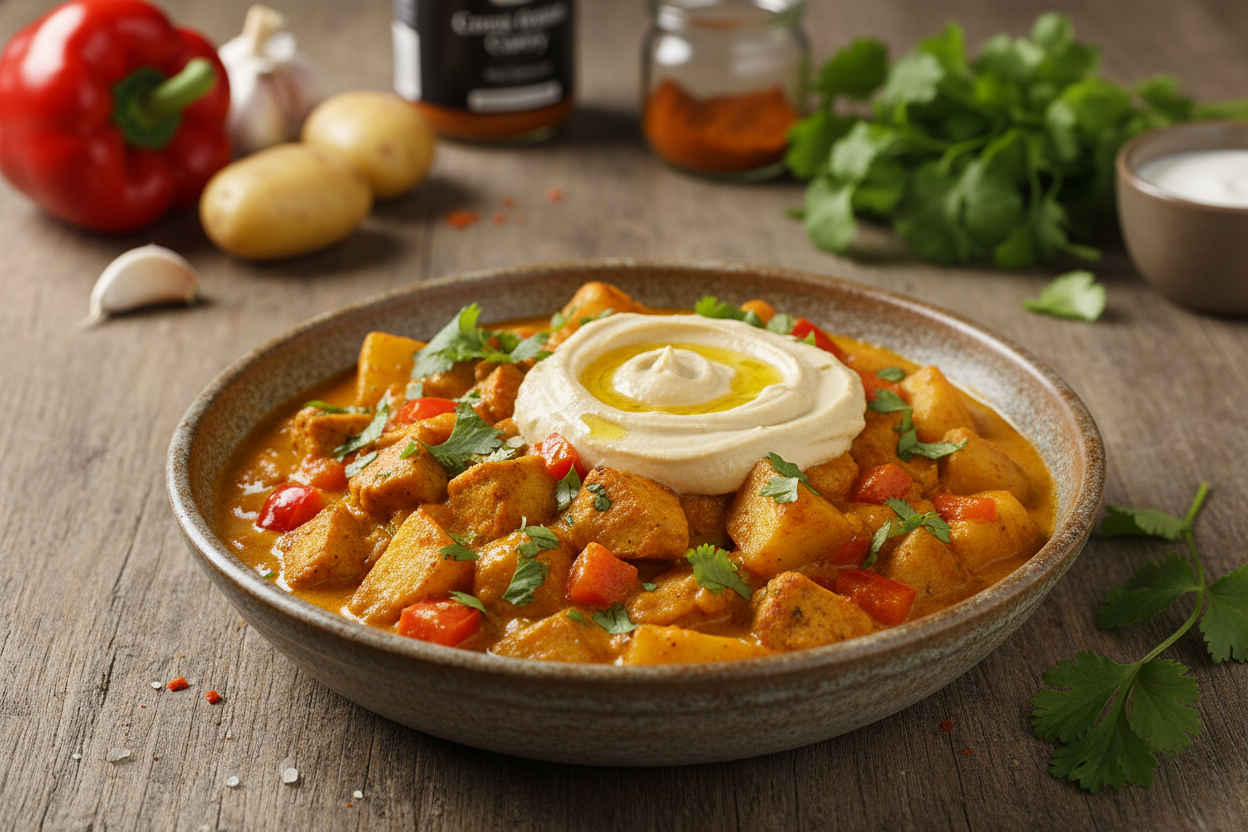 Kartoffel-Paprika-Curry mit Hähnchen-Joghurt-Hummus-Topping