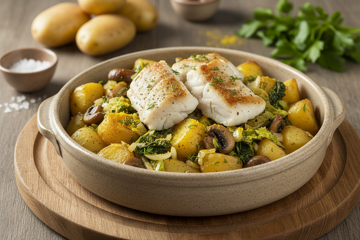 Kartoffeln mit Wirsing, Champignons und Schellfisch