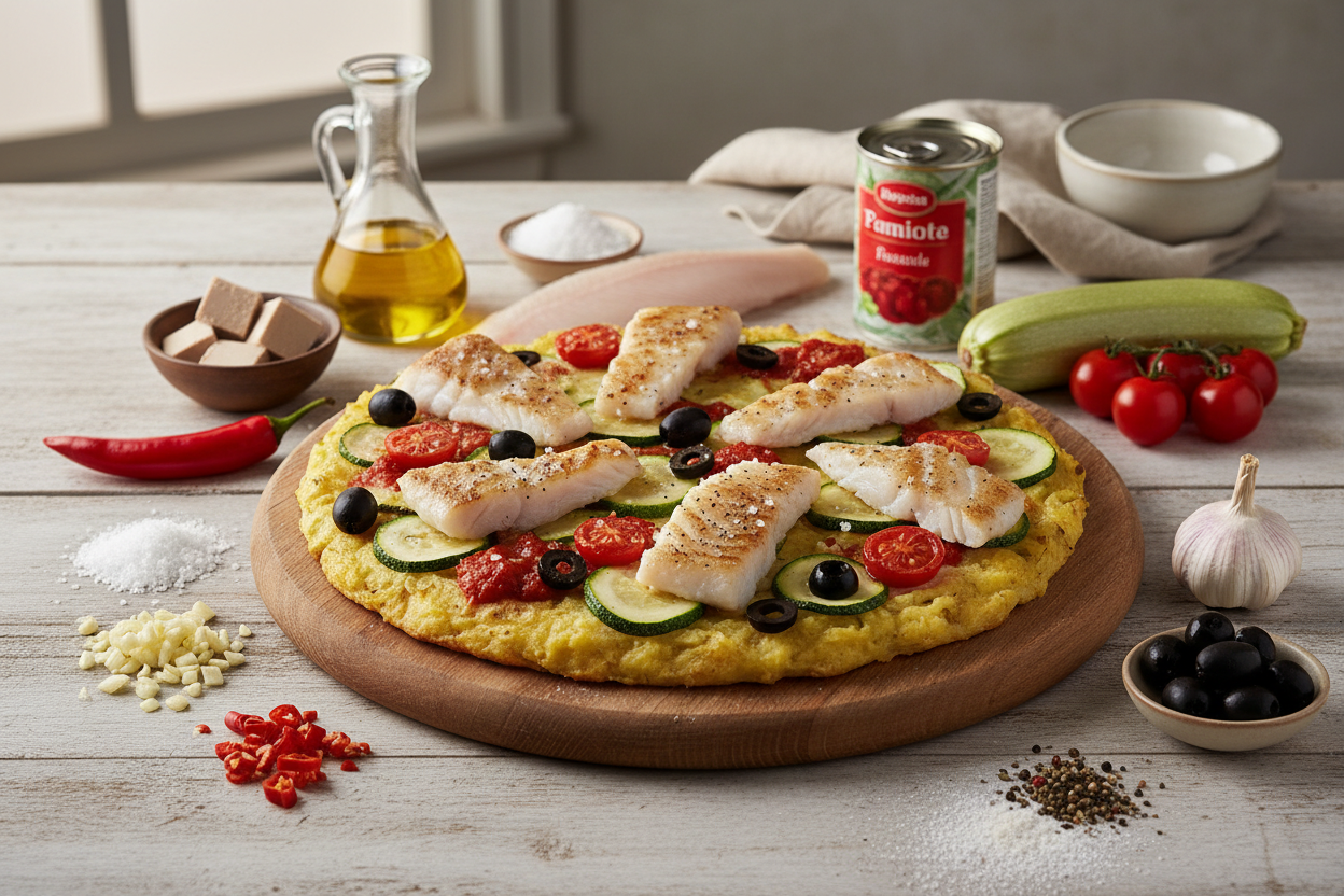 Kartoffelpizza mit Seelachsstreifen