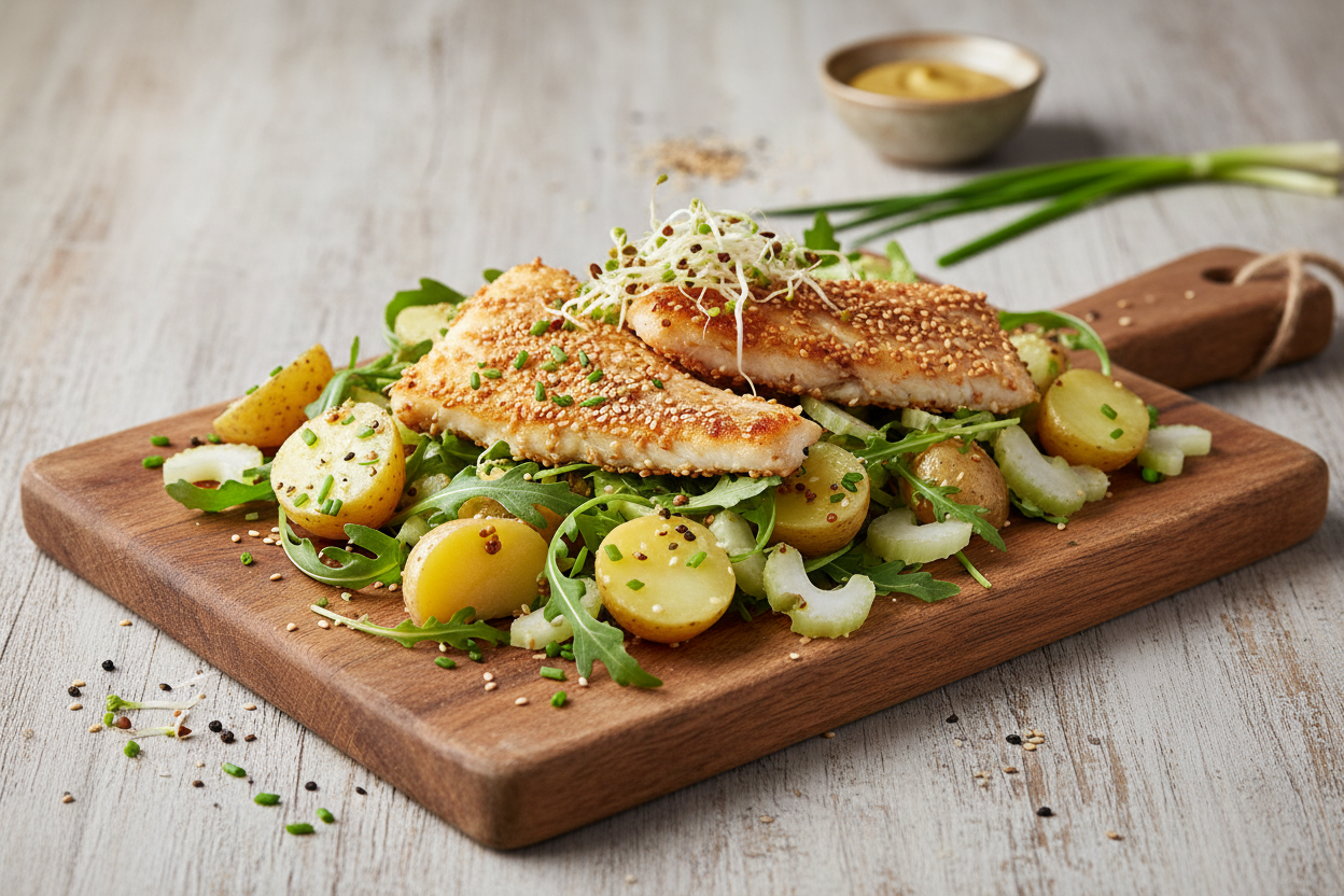 Kartoffelsellerie-Salat mit Sesam-Fisch
