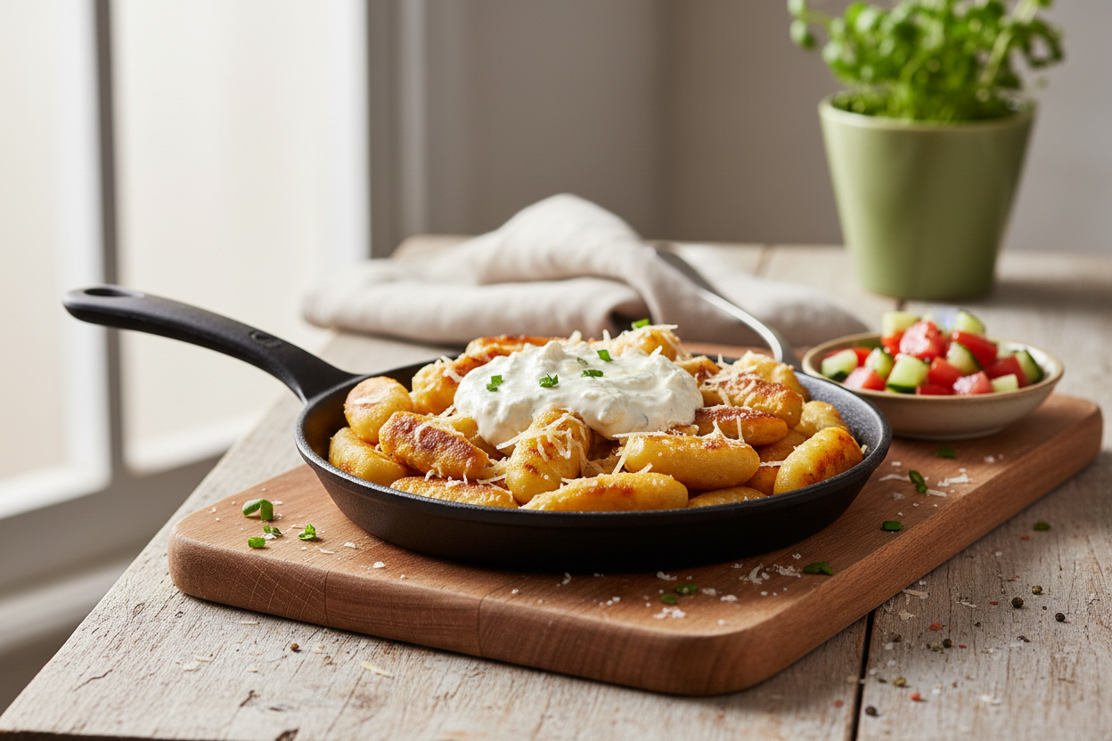 Käse-Gnocchi-Pfanne mit 'Hähnchenstreifen', Quark-Dressing und Gurken-Tomaten-Salsa