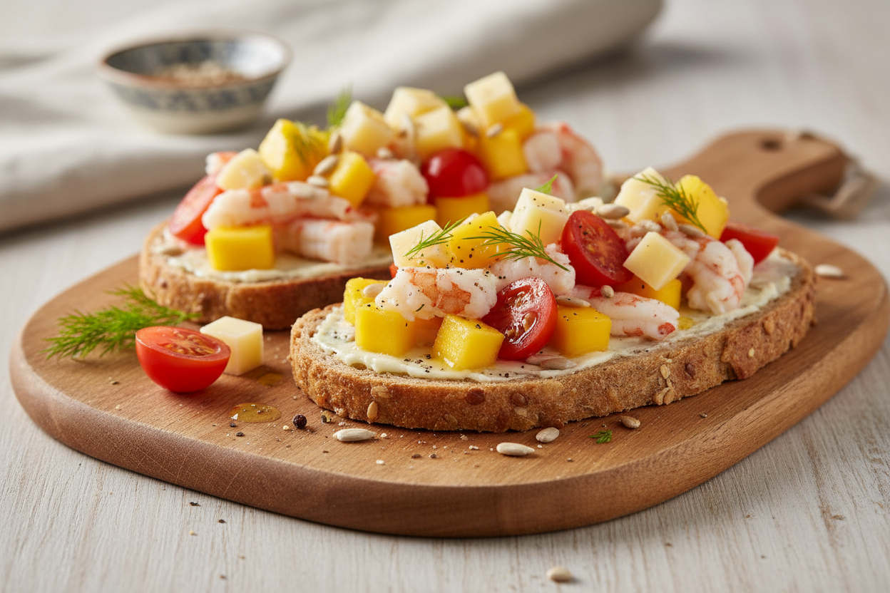 Käsebrot mit Krabben und Mango