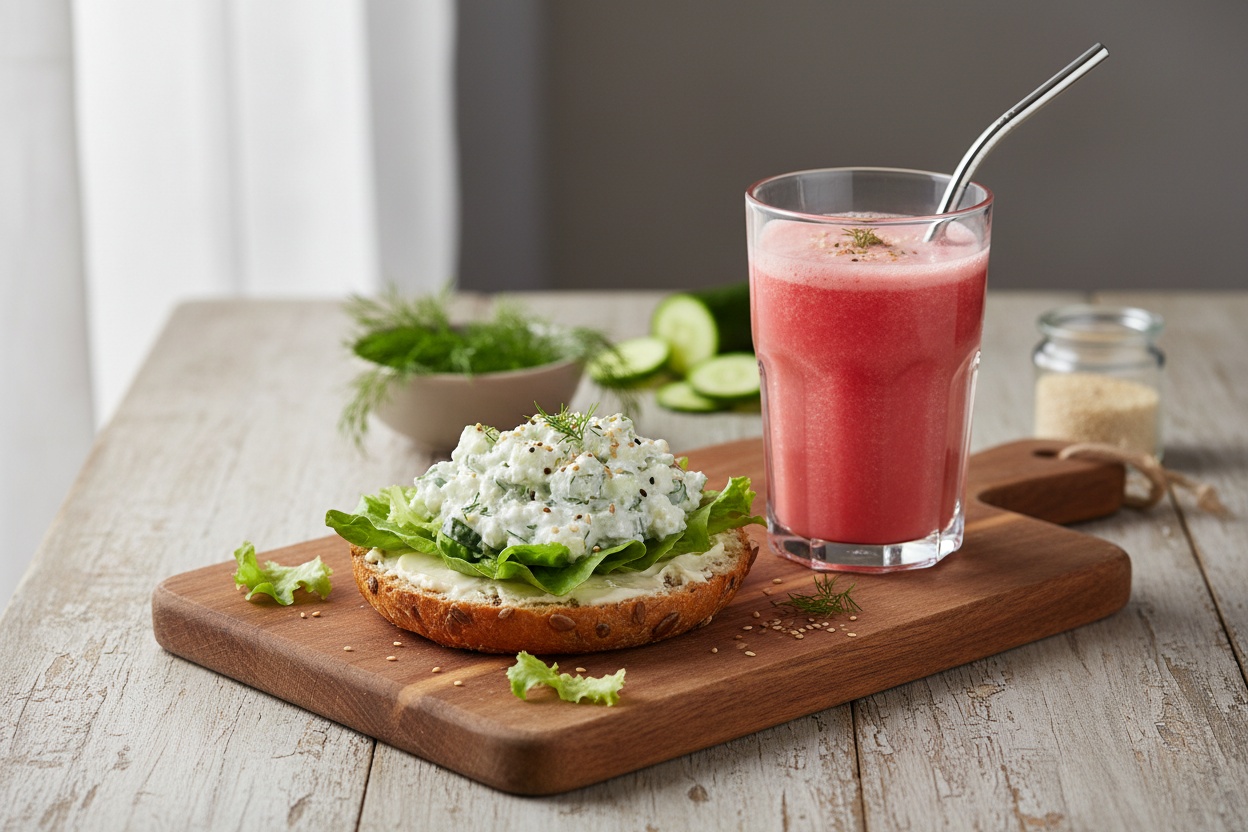 Kürbiskernbrötchen mit Gurkenquark und Melonenshake