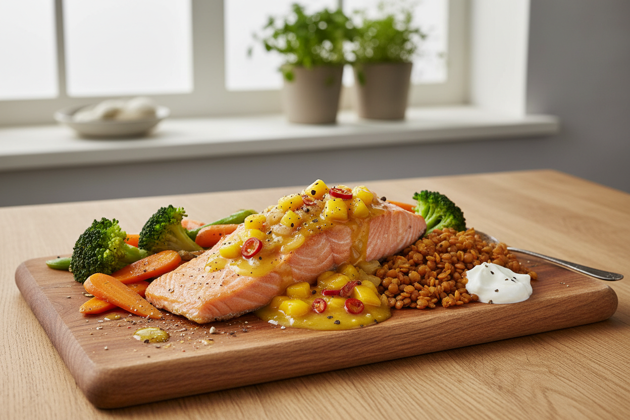Lachsfilet mit Mangosauce und buntem Gemüse