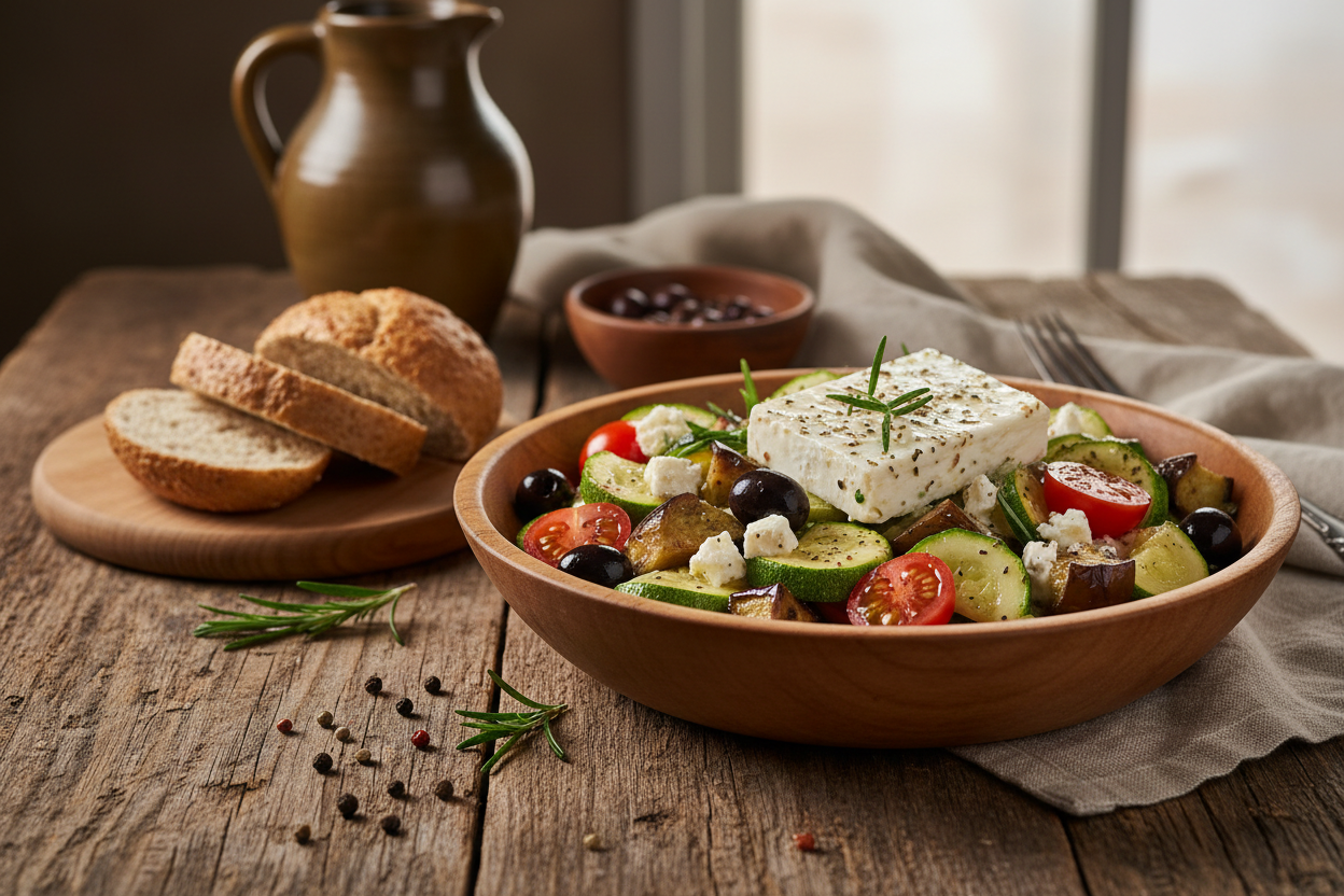 Mittelmeersalat mit Zucchini, Aubergine und Schafskäse