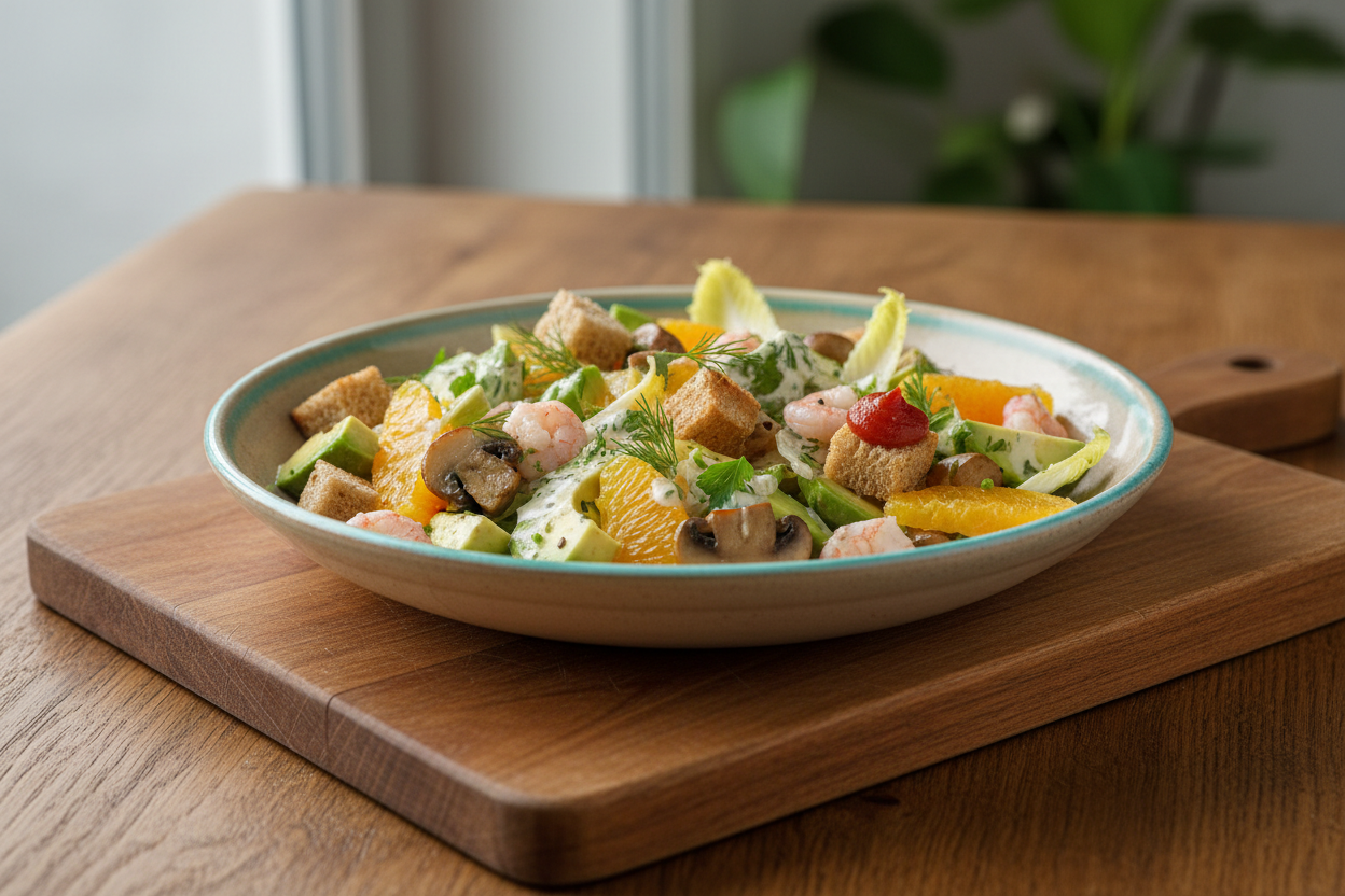 Orangen-Champignon-Salat mit Krabben und Avocado