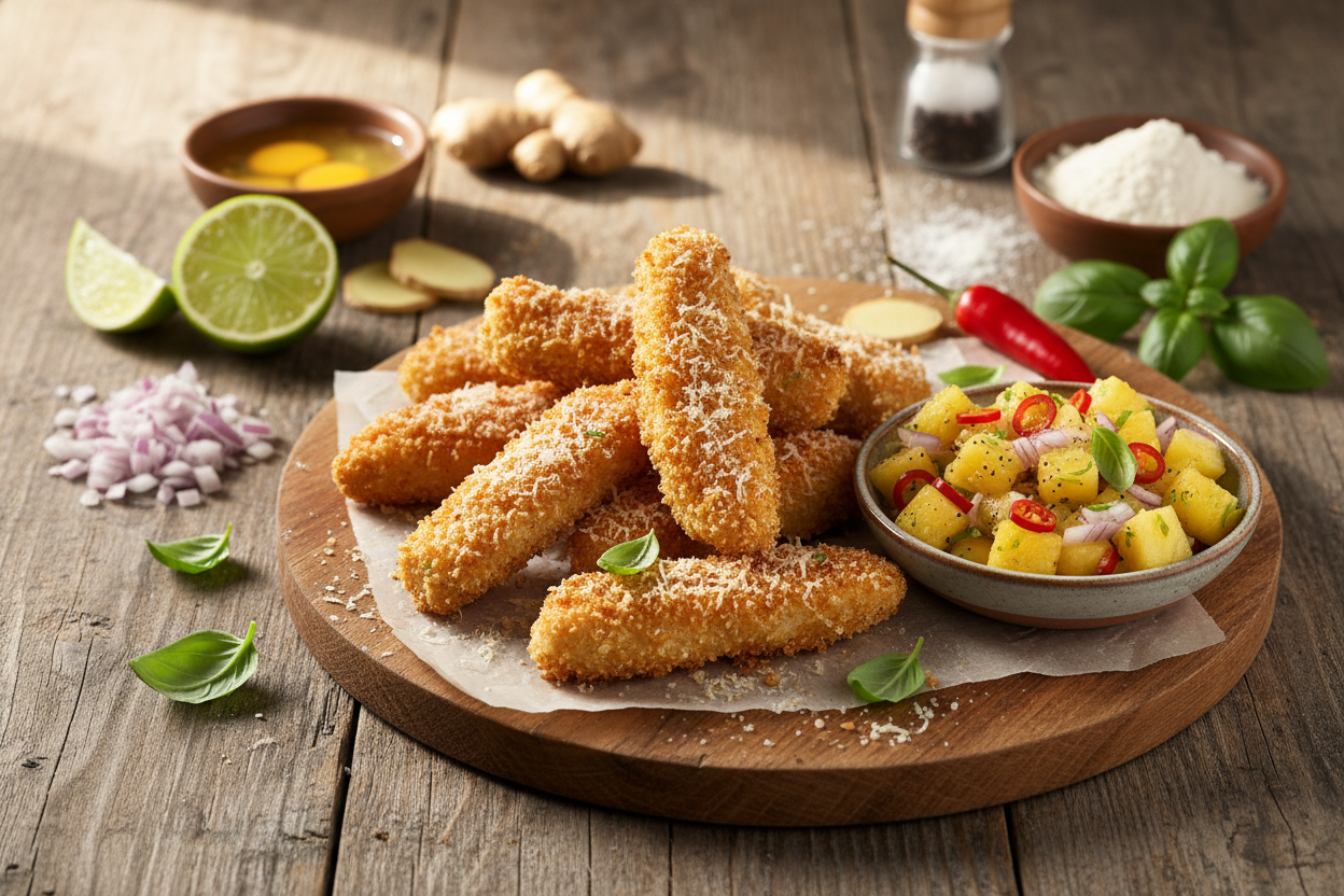 Parmesan-Hähnchensticks mit Ananas-Salsa
