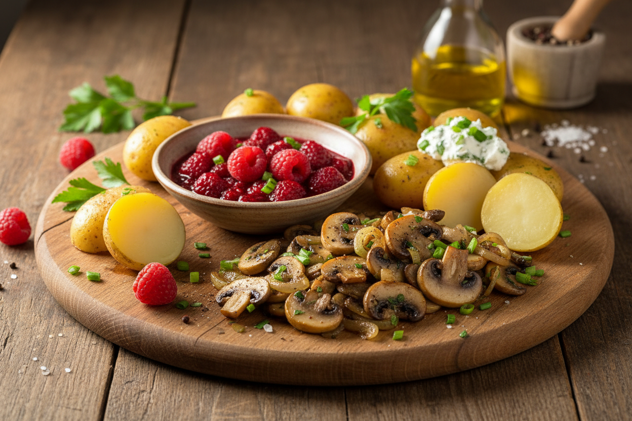 Pellkartoffeln mit Champignongemüse und Himbeerkompott