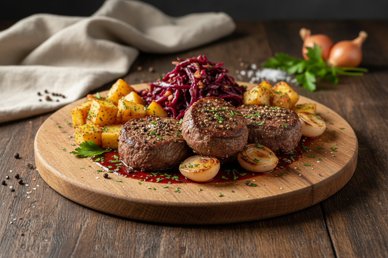 Pfeffersteak mit Rotkohl und Schalotten