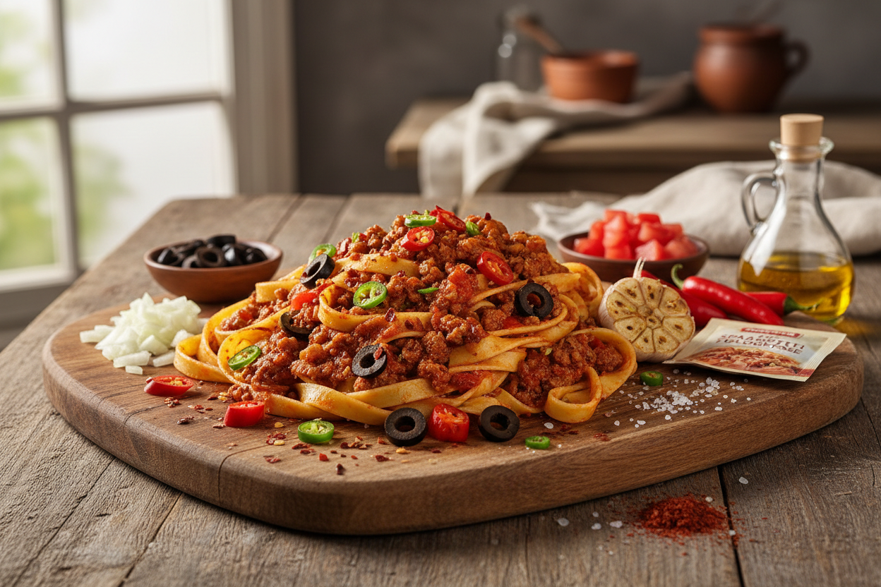 Pikante Chili-Bolognese mit Oliven